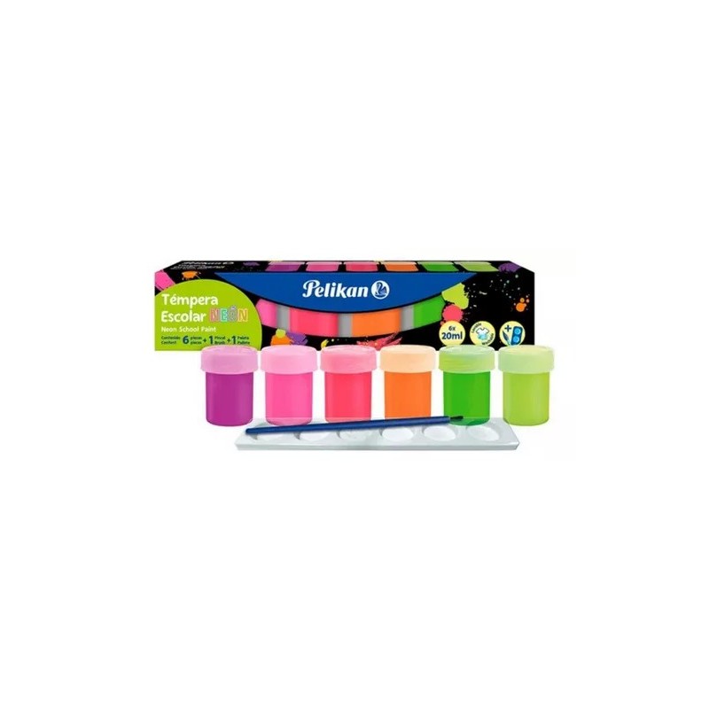 Témpera Pelikan flúo x20ml - 6 colores + pincel + mezclador
